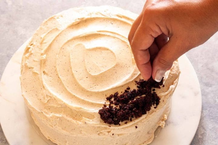 A hand sprinkling spiced chocolate cake crumbs on a cake topped with cinnamon buttercream.