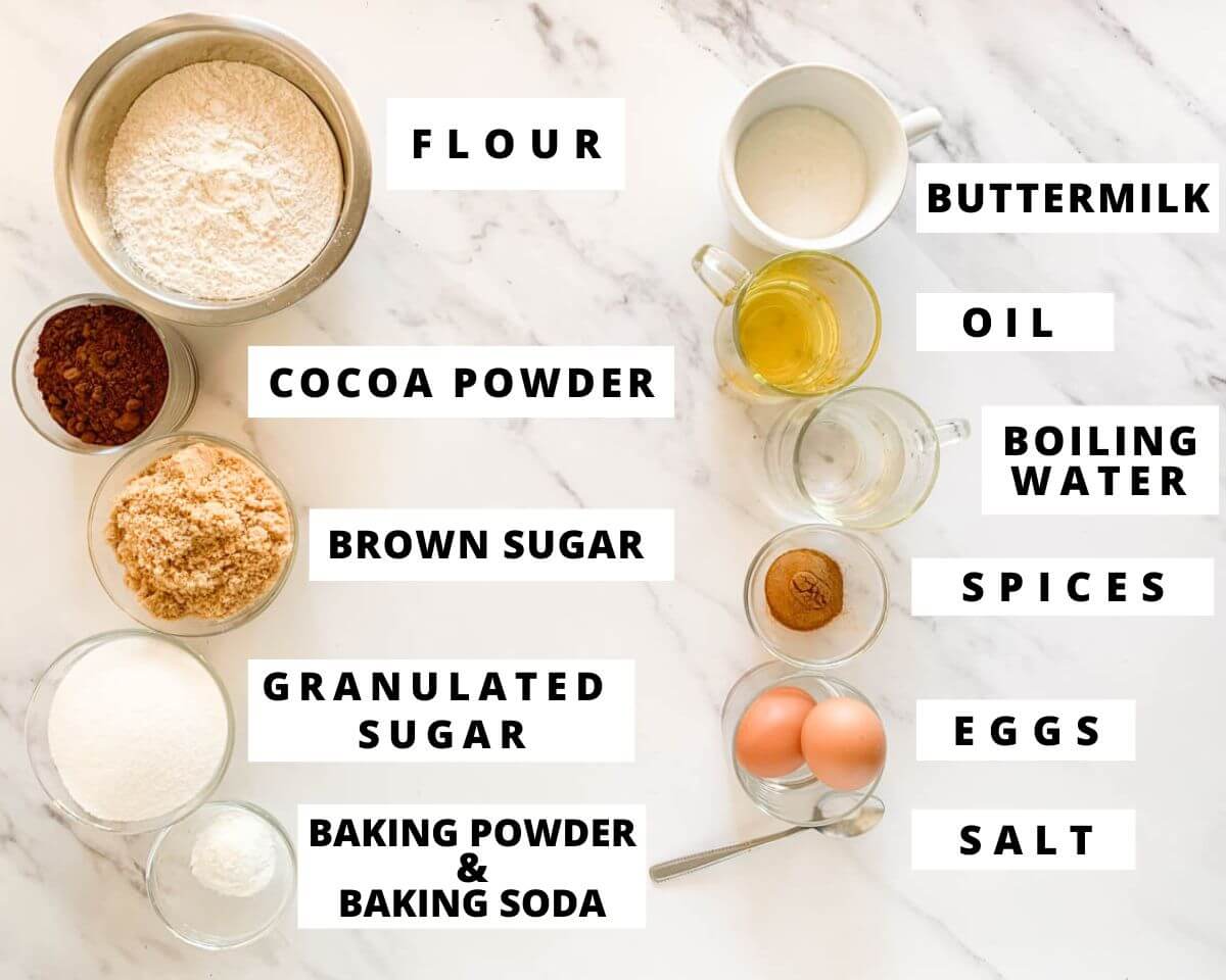Labeled ingredients for spiced chocolate cake.