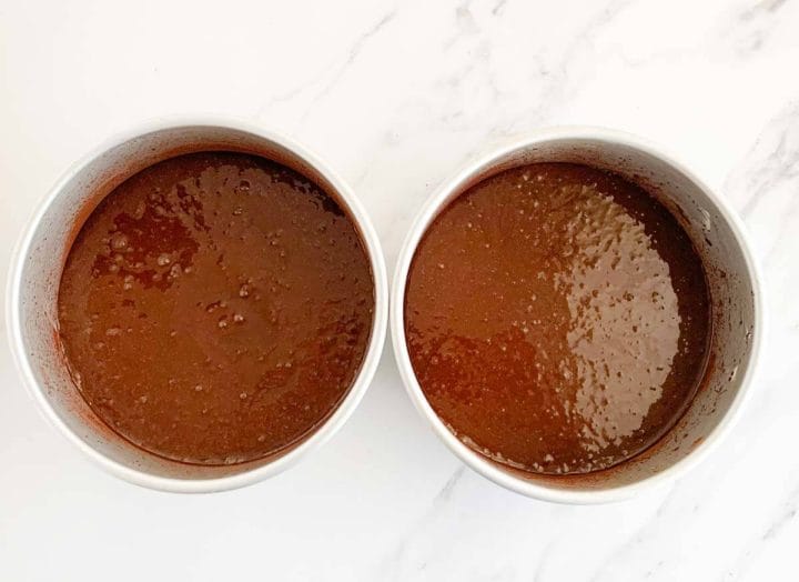 Two round cake pans filled with spiced chocolate cake batter before baking.