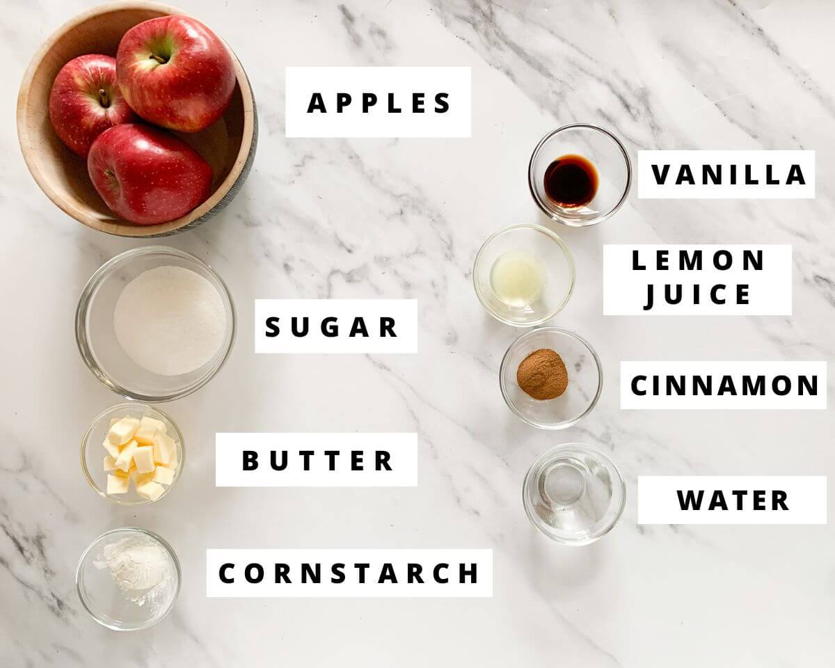 Labeled ingredients for apple pie filling.
