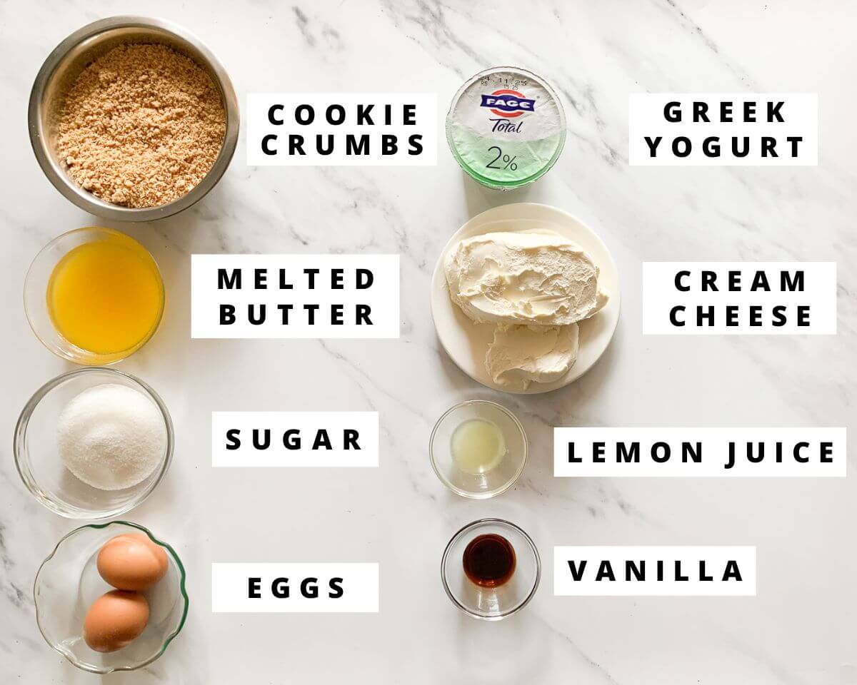 Labeled ingredients for the crust and cheesecake filling.