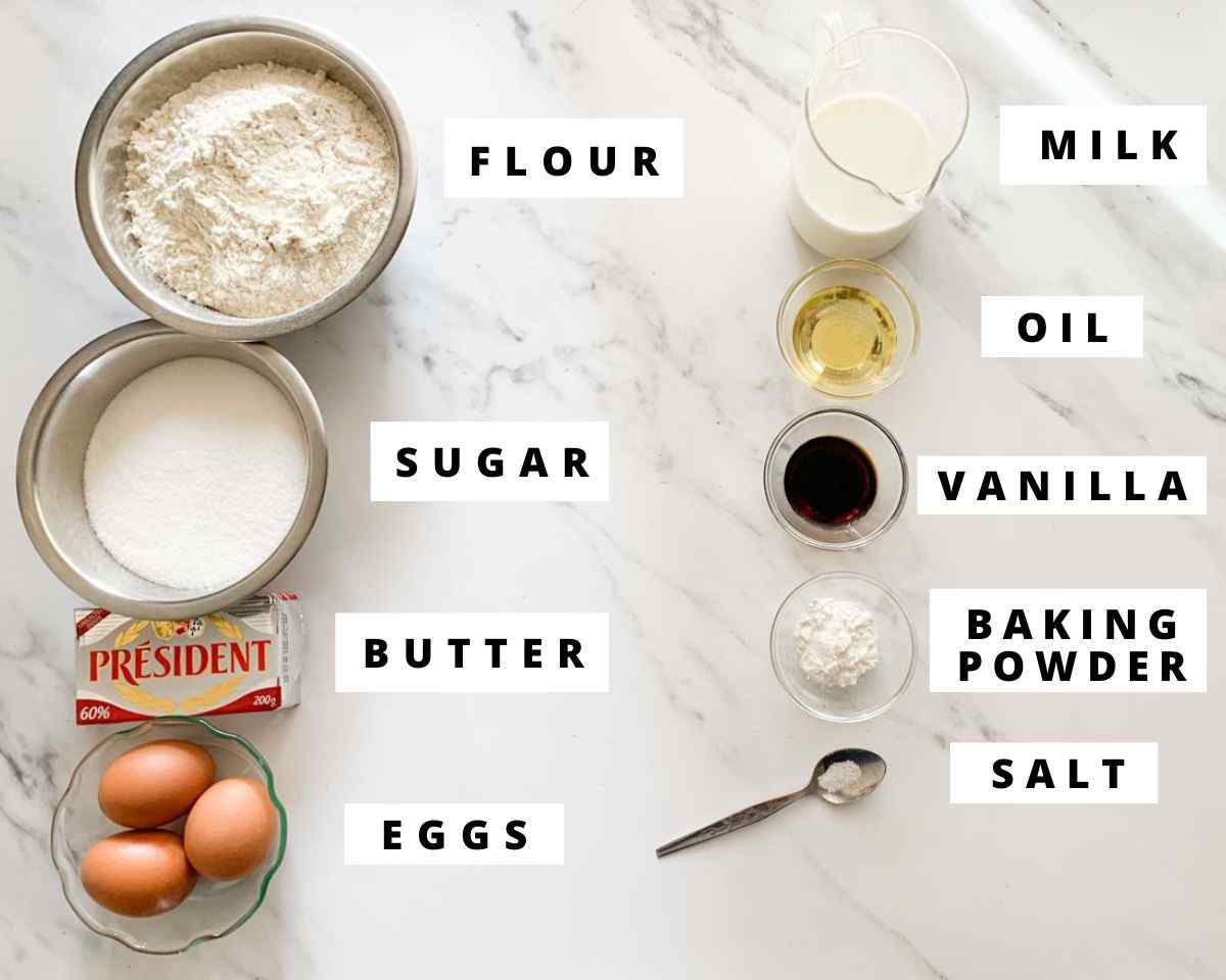 Labeled ingredients for vanilla sheet cake.