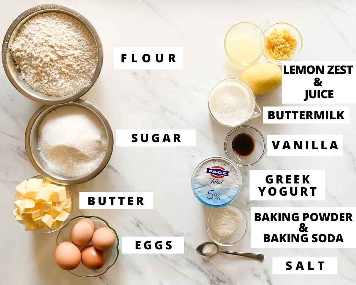 Labeled ingredients for lemon Bundt cake with glaze.