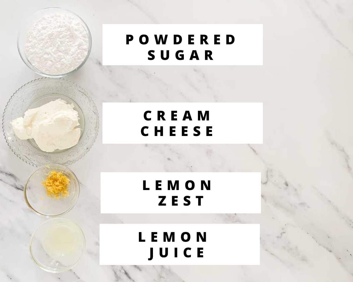 Labeled ingredients for lemon cream cheese glaze.