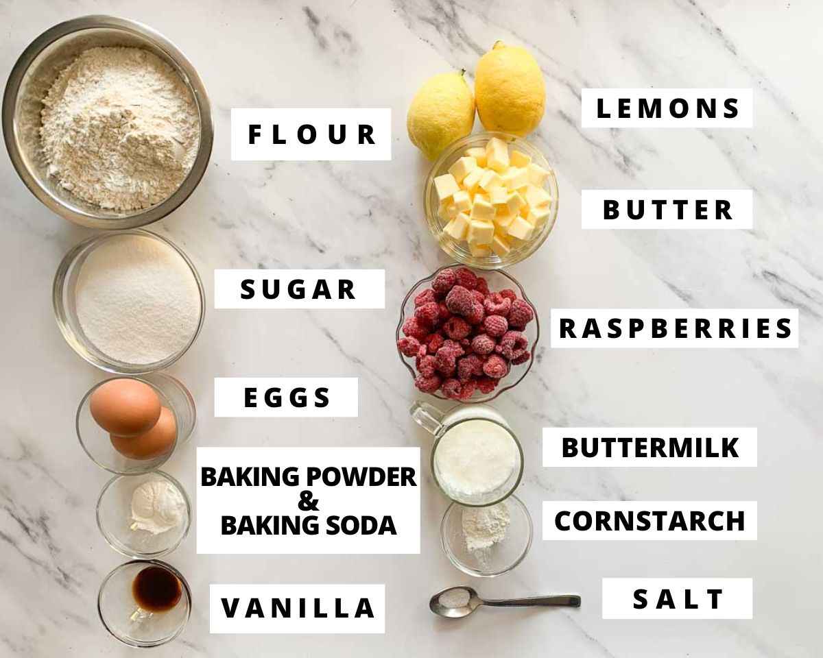 Labeled ingredients for lemon raspberry loaf cake.