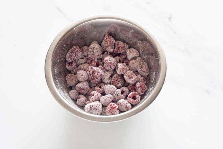 Frozen raspberries tossed with cornstarch before adding to loaf cake batter.