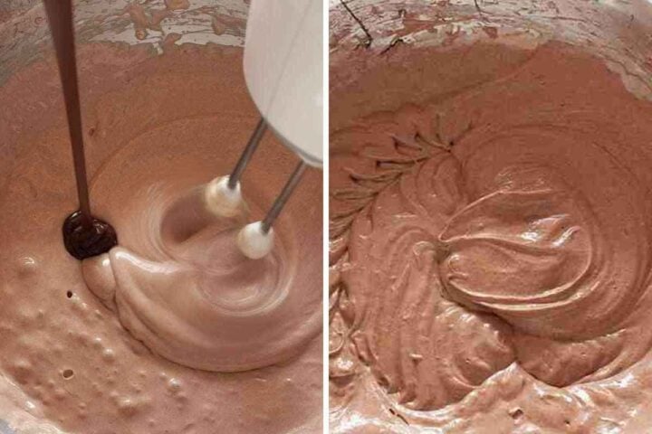 Adding melted chocolate to cheesecake filling and mixing until smooth.
