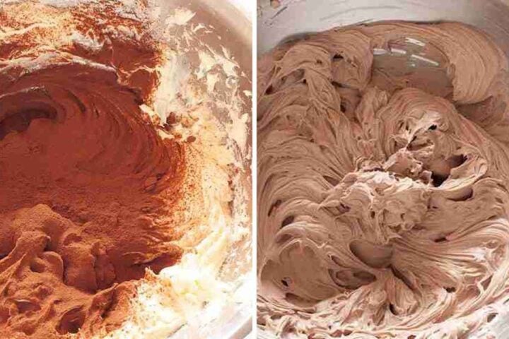 A collae of two images adding sifted cocoa to cheesecake filling and fully combined.