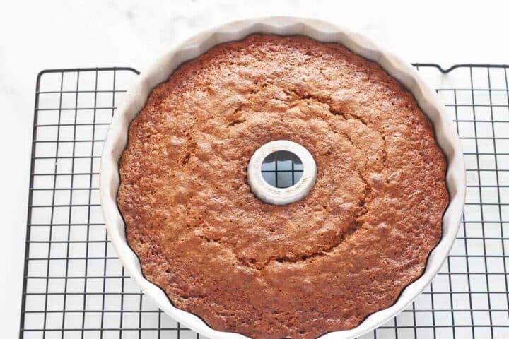 Baked carrot Bundt cake in the pan after coming out of the oven.