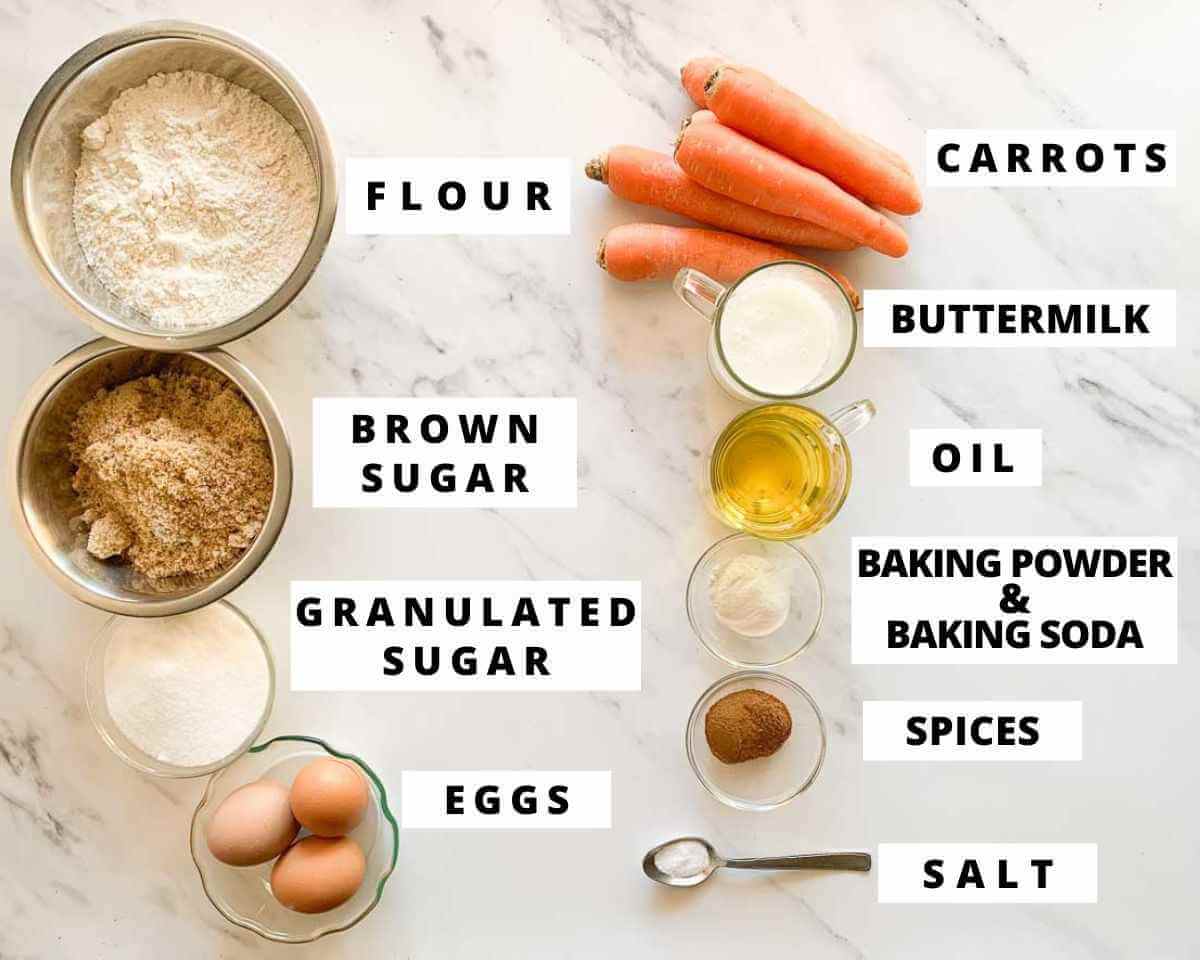 Labeled ingredients for carrot Bundt cake.