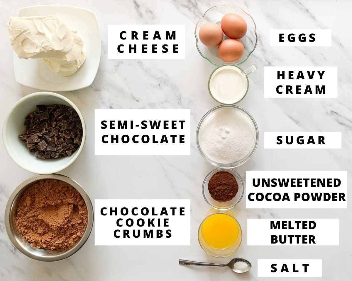 Labeled ingredients for chocolate ganache cheesecake.