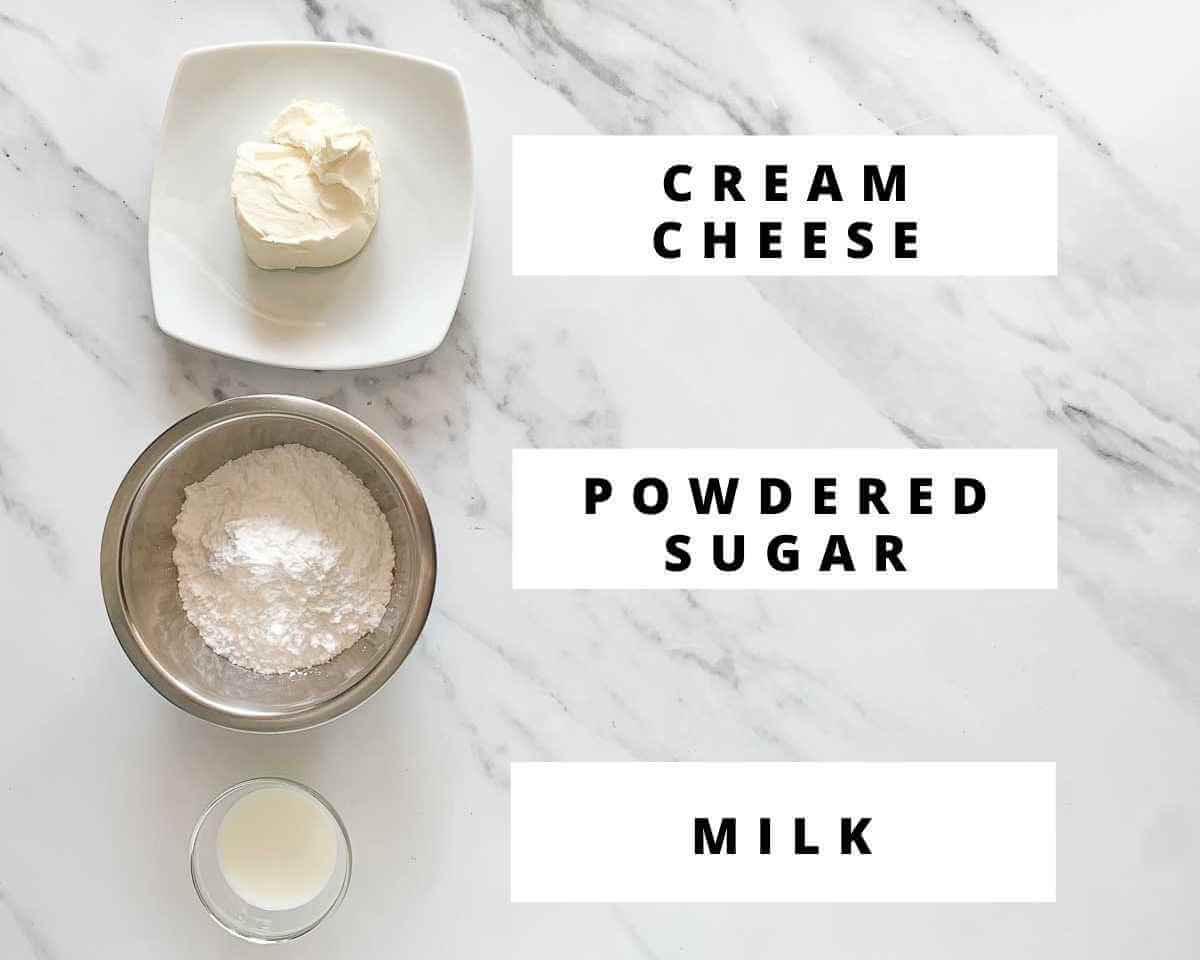 Labeled ingredients for cream cheese glaze.