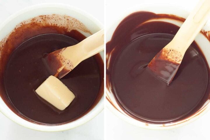 Stirring butter into melted chocolate ganache until smooth, step 4.