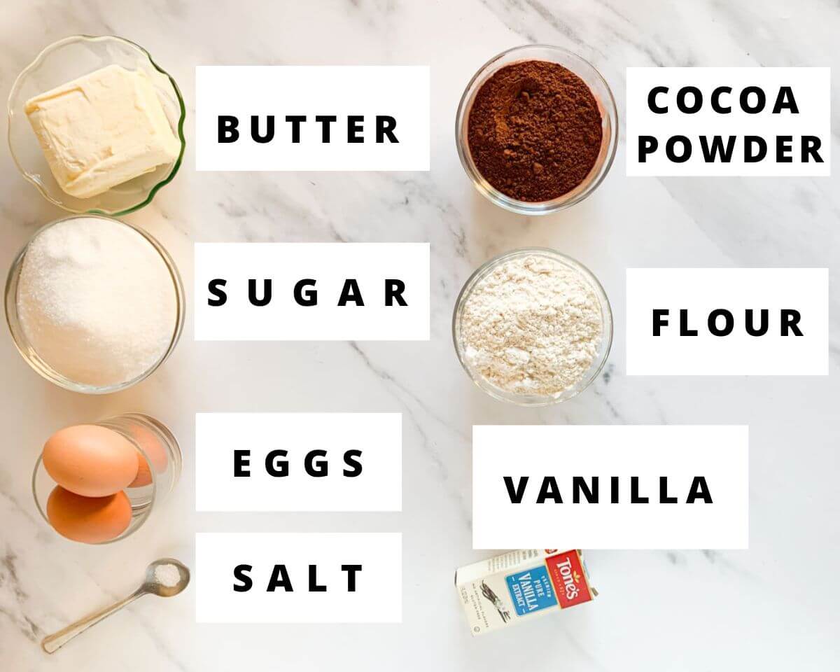 Labeled ingredients for fudgy brownies.