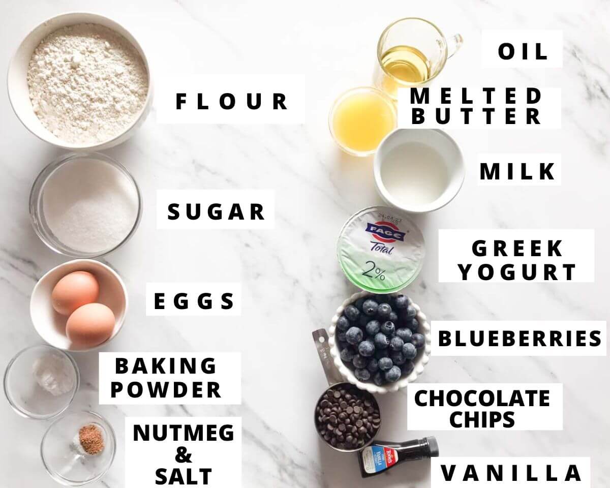 An image of ingredients for blueberry chocolate chip muffins with labels.