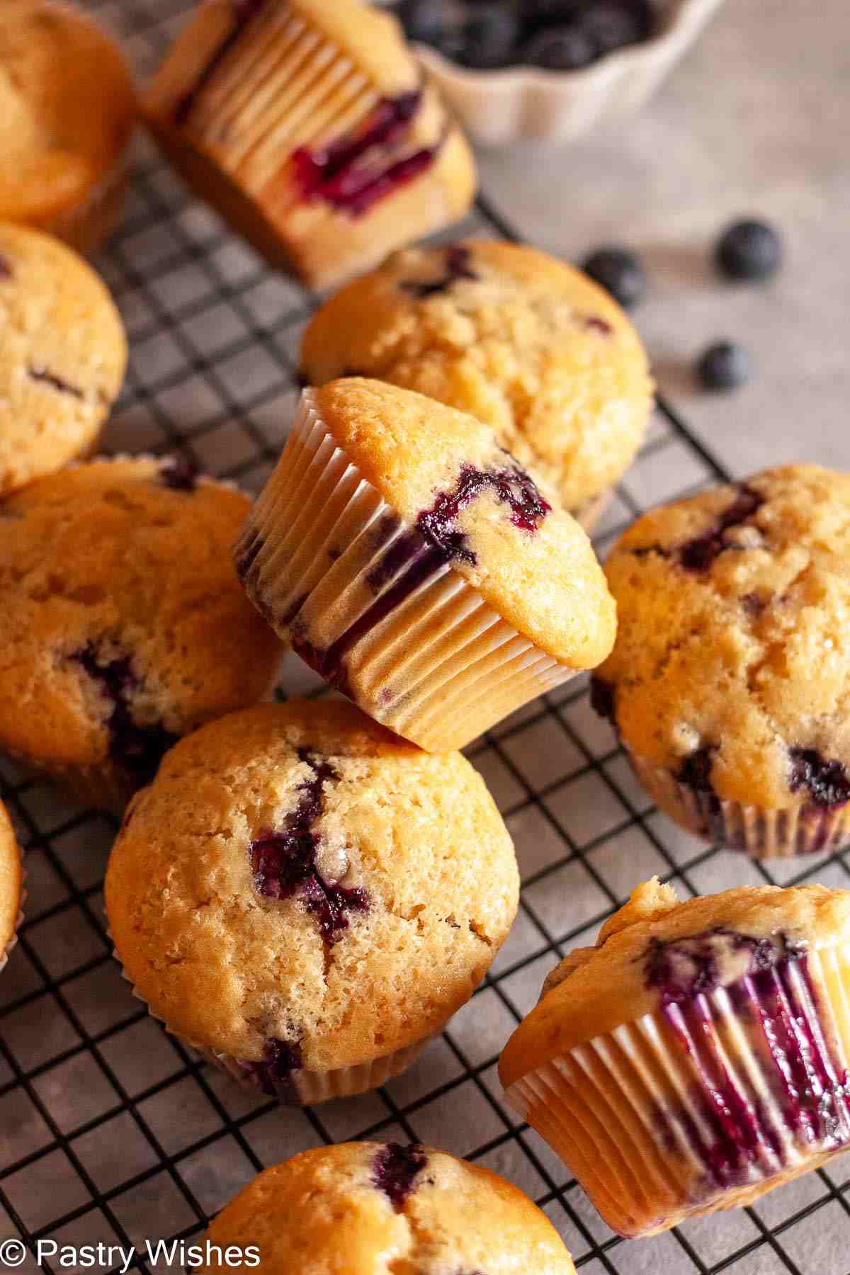 Freshly baked dairy-free blueberry muffins cooling on a wire rack.