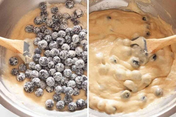 Step 5: Blueberries folded into the dairy-free muffin batter with a spatula.