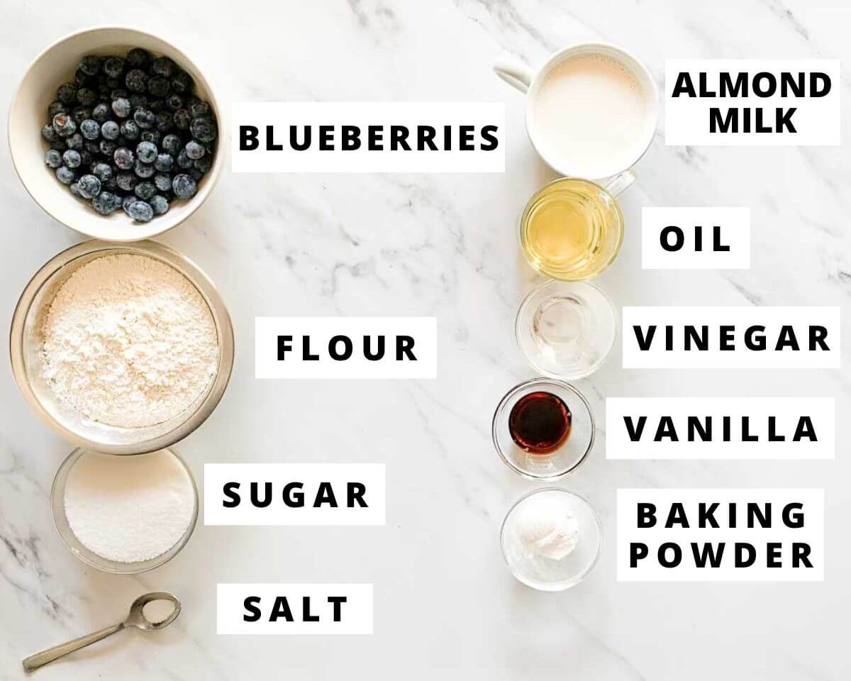 Labeled ingredients for dairy-free blueberry muffins.
