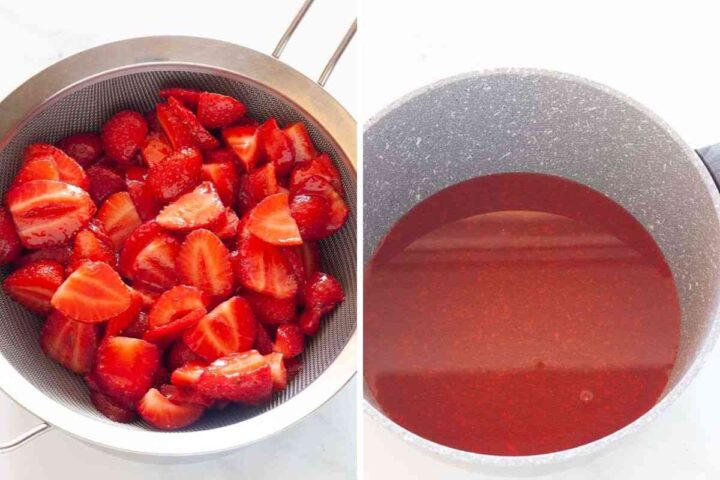 Drained strawberries in a sieve and reserved strawberry juice for the pie filling.