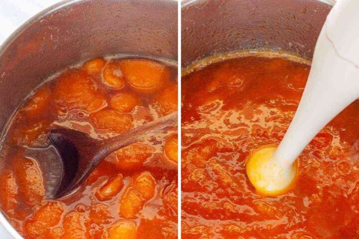 Step 4: Apricot jam cooking in a pot before and after blending with an immersion blender.