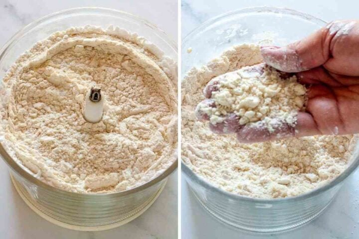 Flour, butter, powdered sugar, almond flour, and salt pulsed into coarse crumbs.