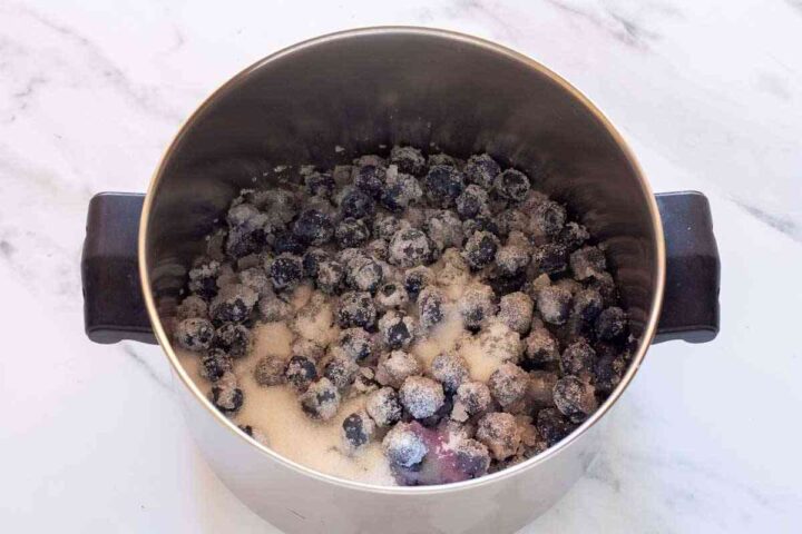 Fresh blueberries, sugar, and lemon juice combined in a saucepan.