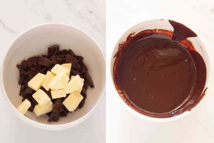 Chopped dark chocolate and butter before and after melting together until smooth.