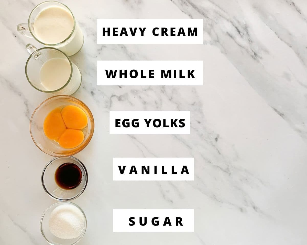 Labeled ingredients for no-bake crème brûlée: heavy cream, whole milk, egg yolks, vanilla, and sugar.